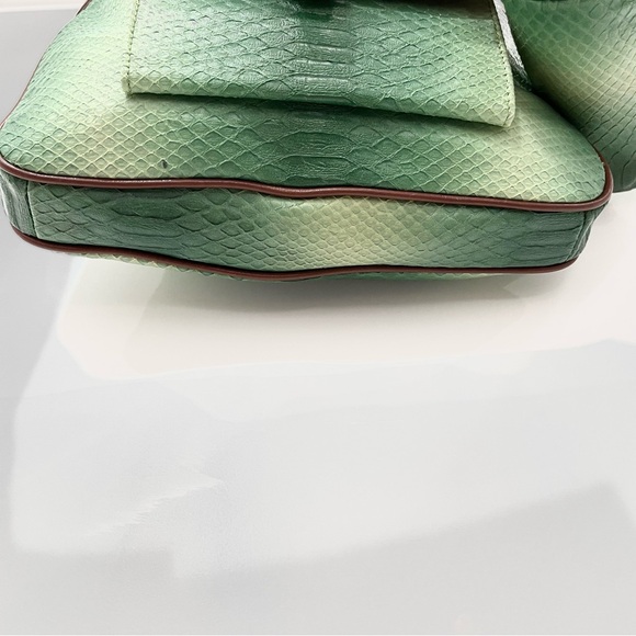 SHARIF 1827 GREEN & BROWN HANDBAG LEATHER TRIM WITH LAMINATE AND POUCH NWOT - Picture 7 of 15